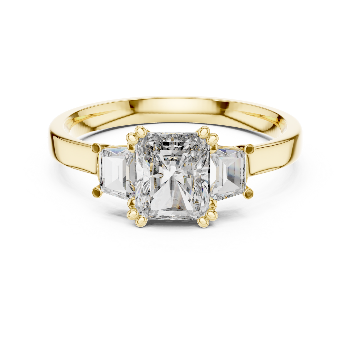 Radiant Cut Moissanite Ring with Trapezoid Side Stones in yellow 925 sterling silver, view 4