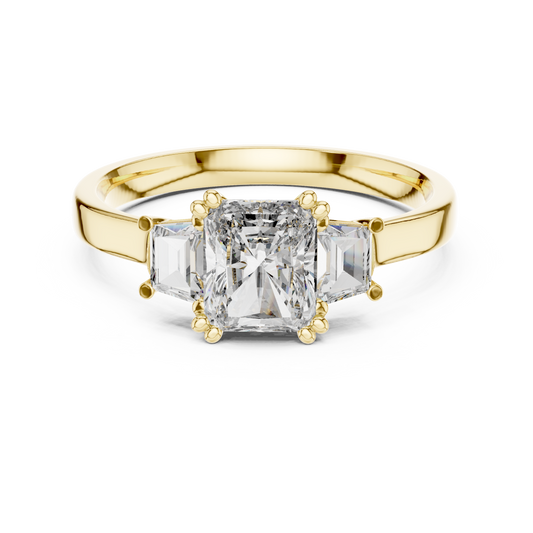 Radiant Cut Moissanite Ring with Trapezoid Side Stones in yellow 925 sterling silver, view 4