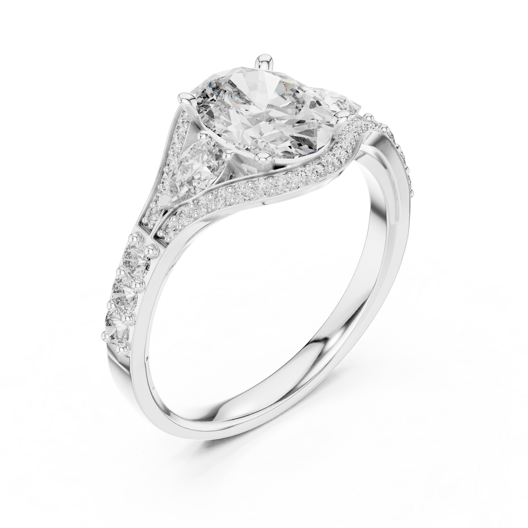 Oval and Pear Moissanite Halo Ring with Split Pavé Shoulders in white 925 sterling silver, view 2