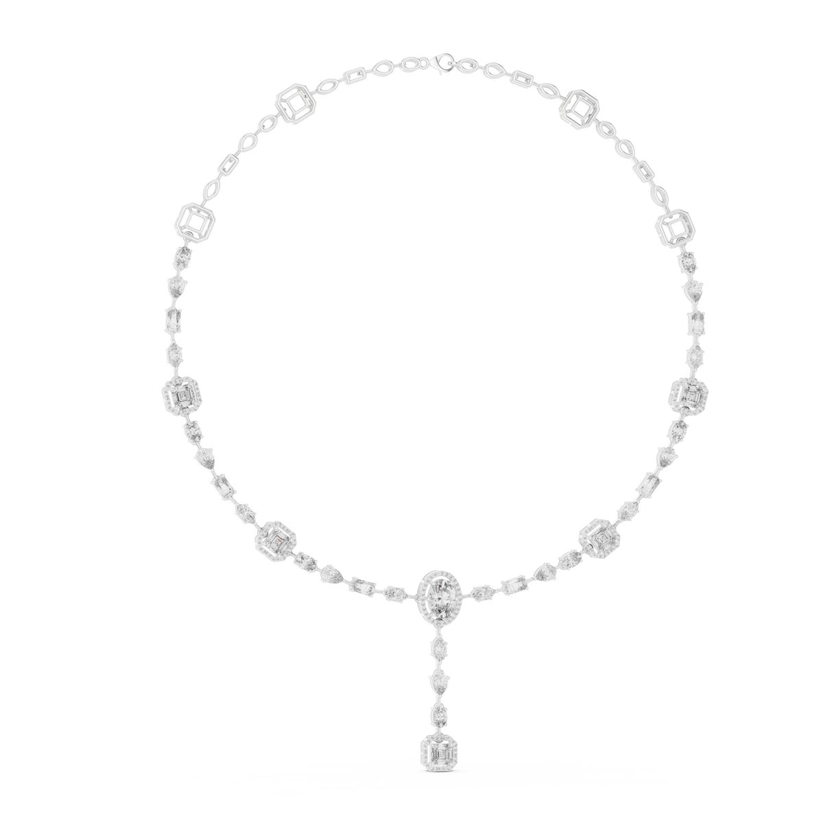 Halo Emerald Station Y Drop Necklace in white 925 sterling silver, view 1