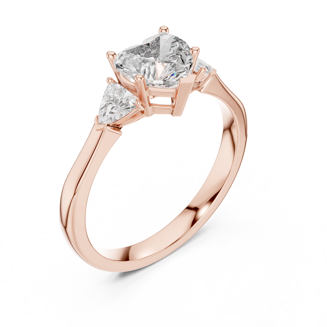 Heart and Trillion Three Stone Moissanite Ring in rose 925 sterling silver, view 2