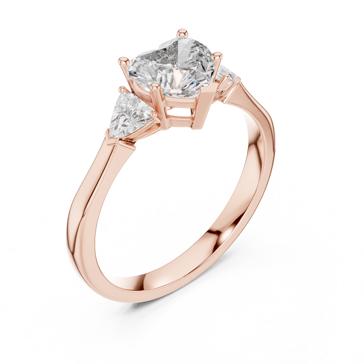 Heart and Trillion Three Stone Moissanite Ring in rose 925 sterling silver, view 2