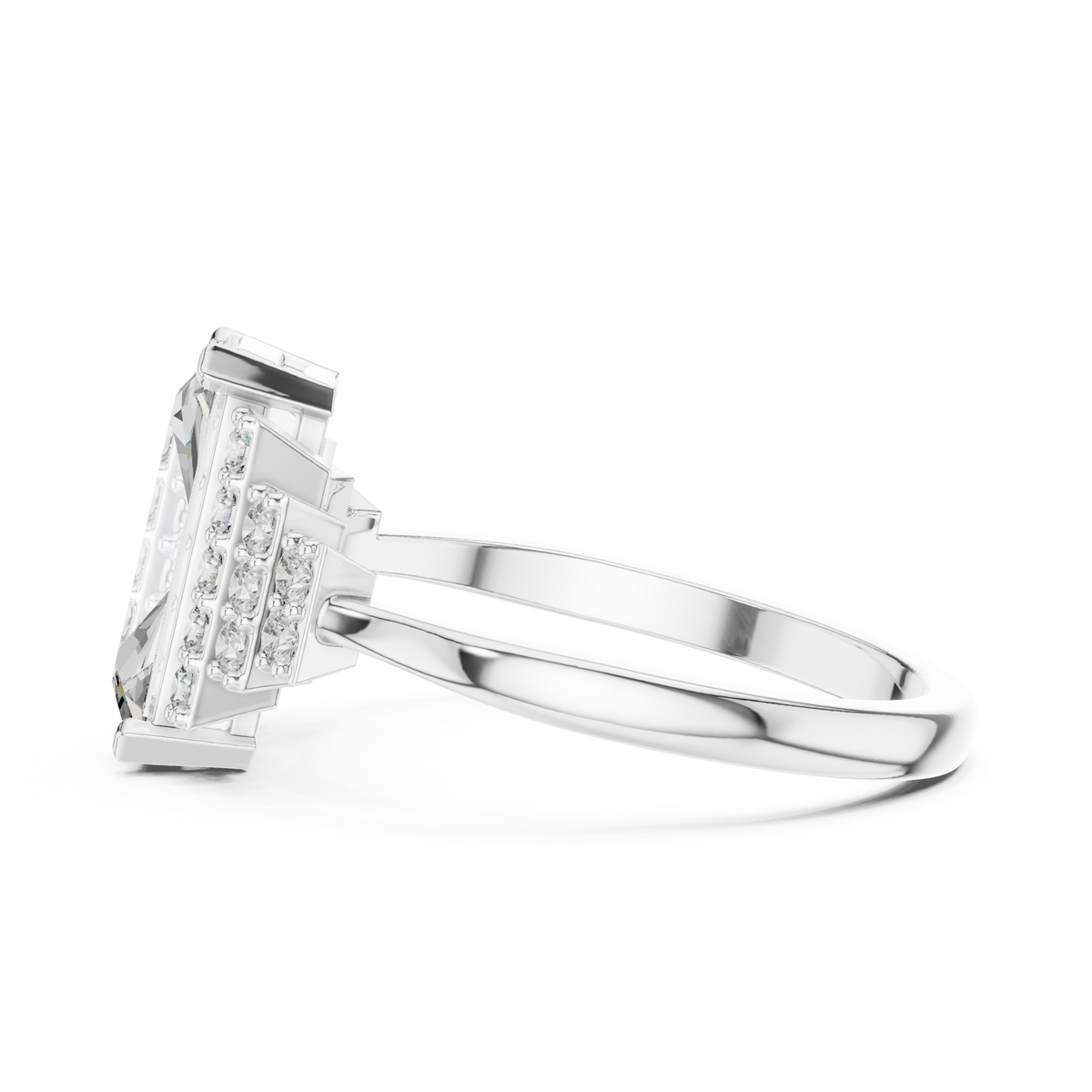 Elongated Emerald Cut Art Deco Moissanite Ring in white 925 sterling silver, view 3