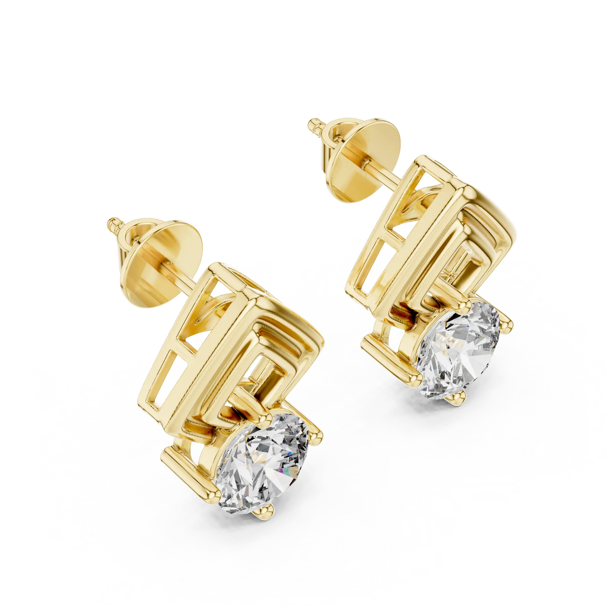 Round moissanite geometric frame stud earrings in yellow 925 sterling silver, view 2