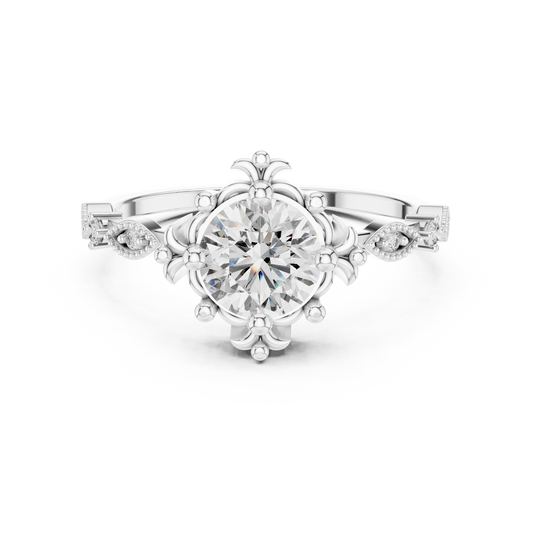 Vintage Solitaire Moissanite Ring with Fleur-de-Lis Accents in white 925 sterling silver, view 4