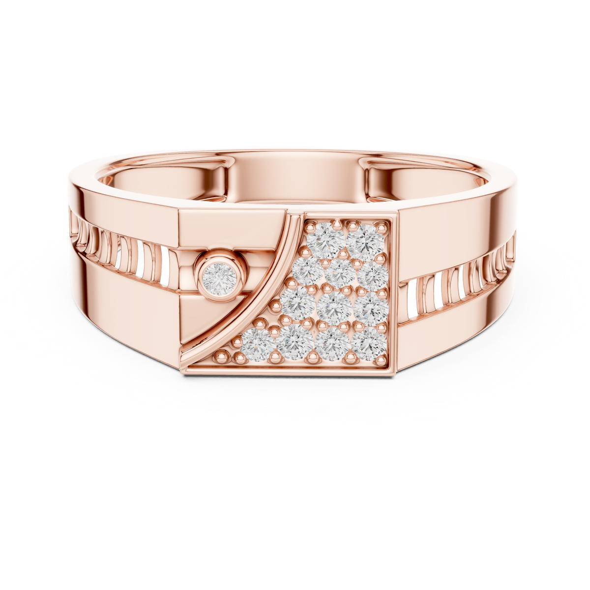 Men's Wide Signet Pavé Moissanite Ring with Bezel Accent in rose 925 sterling silver, view 4