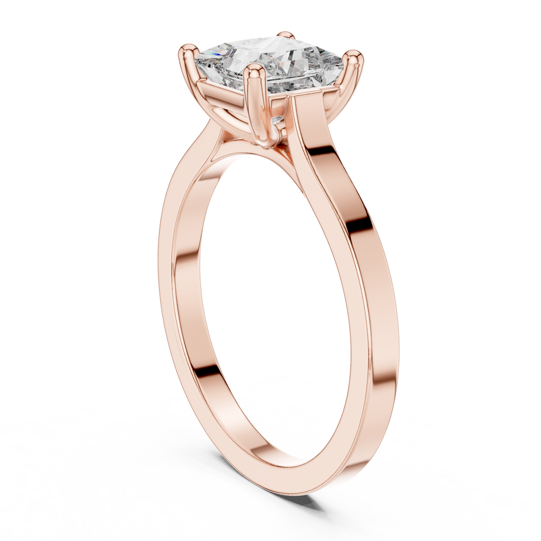 Princess Cut Moissanite Solitaire Ring with Flat Band in rose 925 sterling silver, view 1