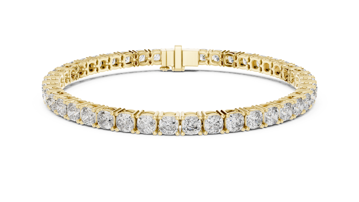 Square Cushion Cut Moissanite Tennis Bracelet in yellow 925 sterling silver, view 1