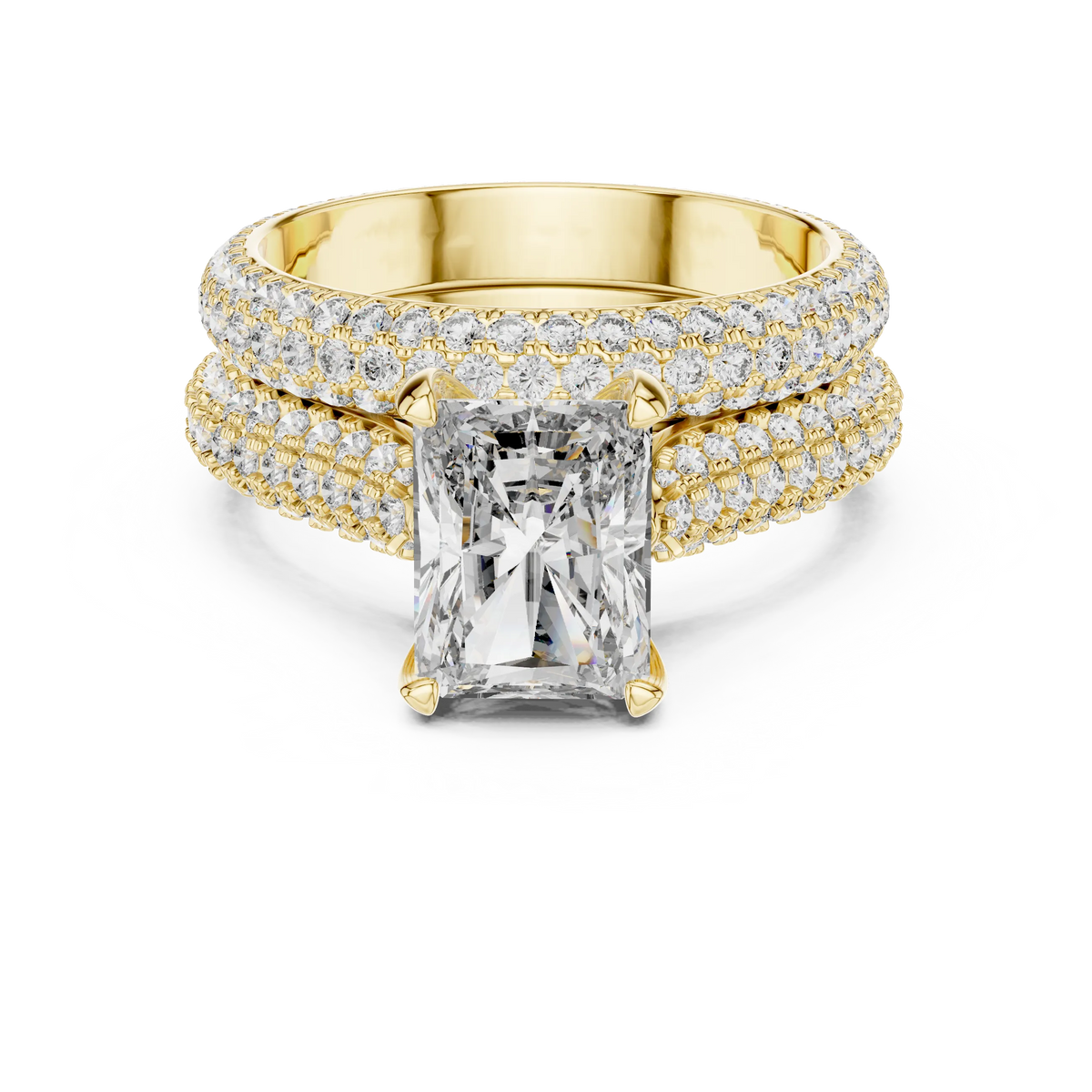 Radiant Cut Moissanite Ring with Wide Pavé Band in yellow 925 sterling silver, view 4