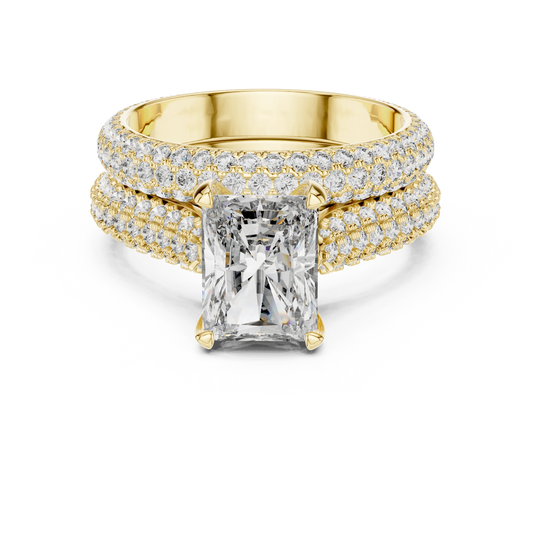 Radiant Cut Moissanite Ring with Wide Pavé Band in yellow 925 sterling silver, view 4