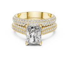 Radiant Cut Moissanite Ring with Wide Pavé Band in yellow 925 sterling silver, view 4
