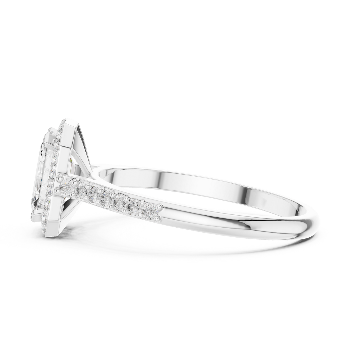 Emerald Cut Halo Moissanite Ring with Pavé Shoulders in white 925 sterling silver, view 3