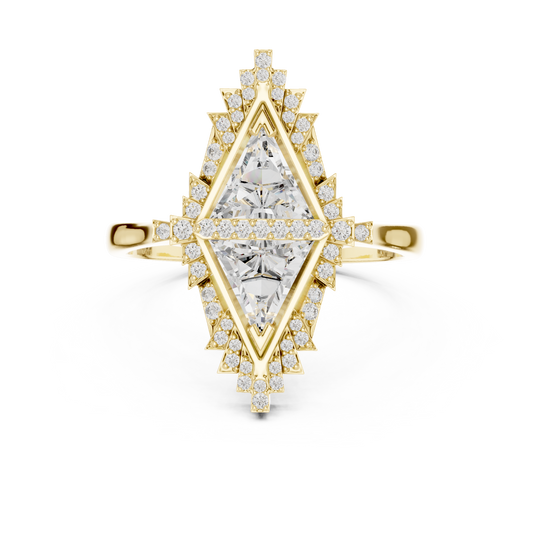 Art Deco Twin Triangle Moissanite Cocktail Ring in yellow 925 sterling silver, view 4