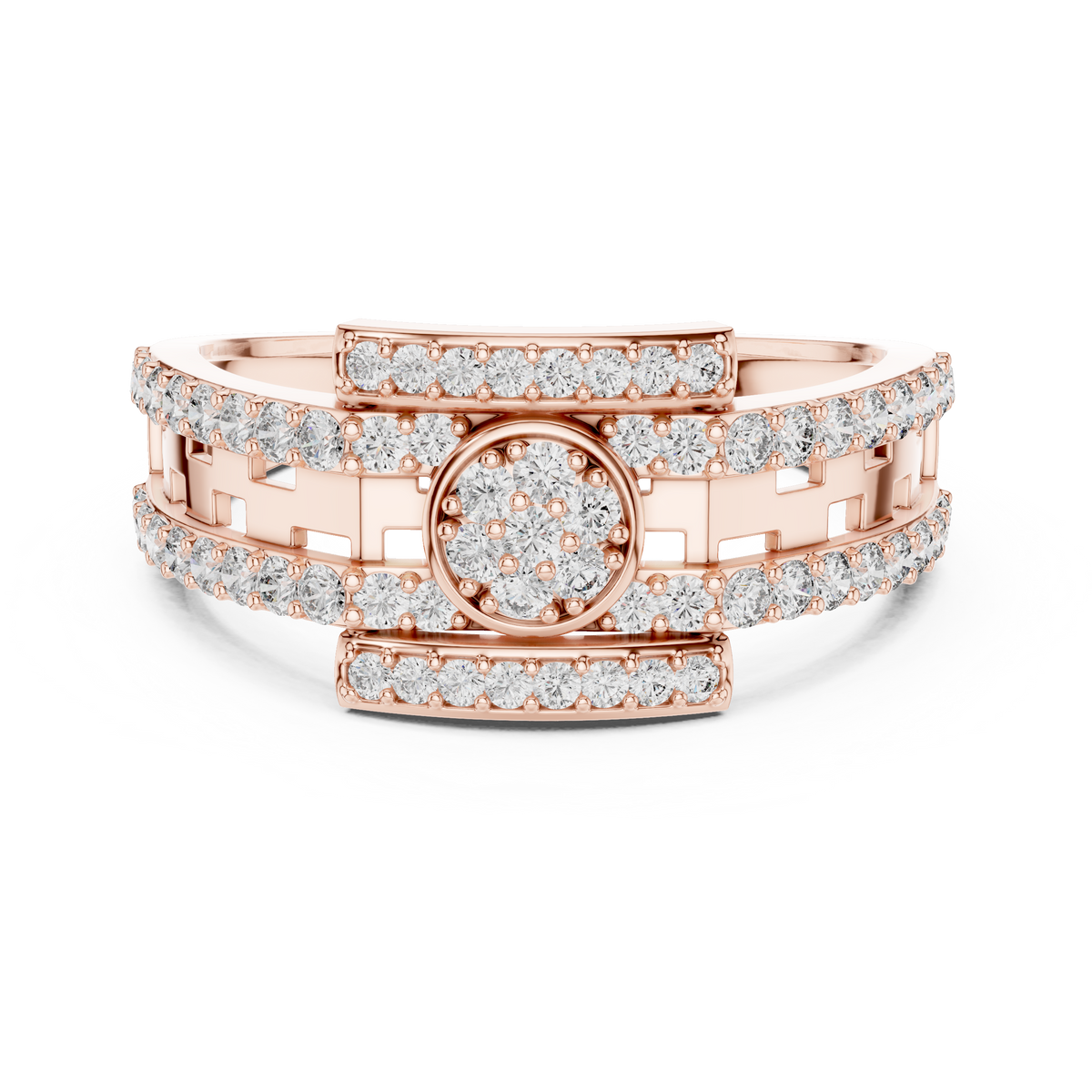 Round Cluster Multi-Row Moissanite Statement Band in rose 925 sterling silver, view 4
