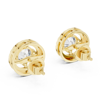 Round halo moissanite stud earrings in yellow 925 sterling silver, four-prong halo, view 3