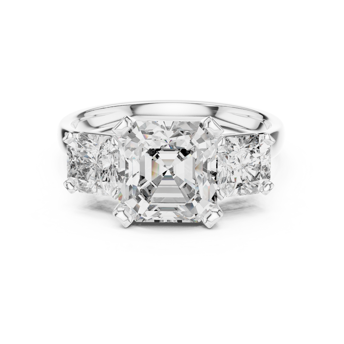 Asscher Cut Three Stone Moissanite Statement Ring in white 925 sterling silver, view 4