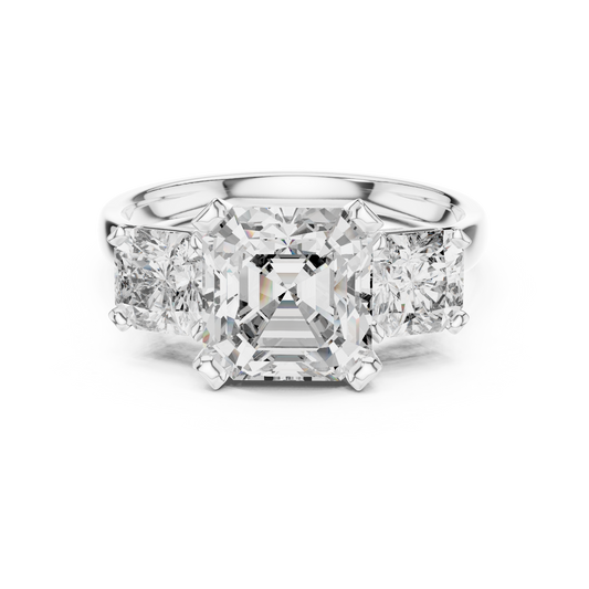 Asscher Cut Three Stone Moissanite Statement Ring in white 925 sterling silver, view 4