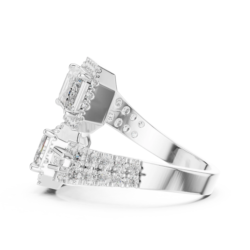 Emerald Cut Halo Toi et Moi Moissanite Bypass Ring in white 925 sterling silver, view 3
