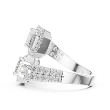 Emerald Cut Halo Toi et Moi Moissanite Bypass Ring in white 925 sterling silver, view 3