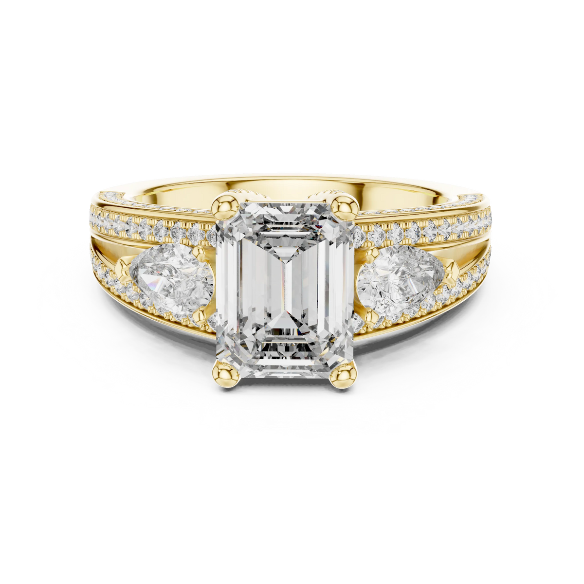 Emerald Cut Moissanite Ring with Pear Sides and Split Pavé Shank in yellow 925 sterling silver, view 4