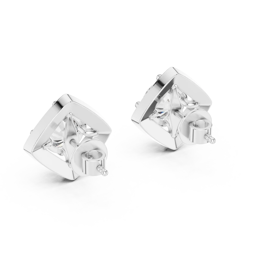 Round moissanite square halo stud earrings in white 925 sterling silver, view 3