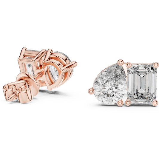 Pear and emerald moissanite toi et moi stud earrings in rose 925 sterling silver, view 1