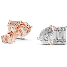 Pear and emerald moissanite toi et moi stud earrings in rose 925 sterling silver, view 1