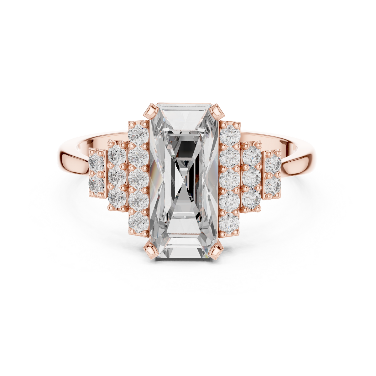 Elongated Emerald Cut Art Deco Moissanite Ring in rose 925 sterling silver, view 4