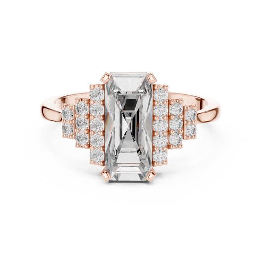 Elongated Emerald Cut Art Deco Moissanite Ring in rose 925 sterling silver, view 4