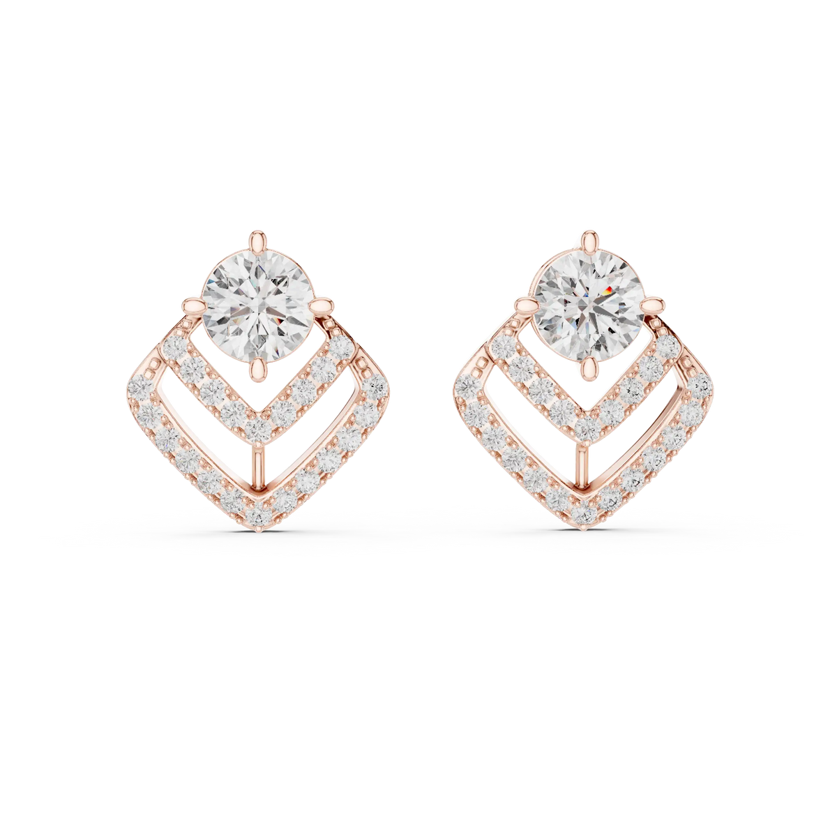 Round moissanite pave chevron stud earrings in rose 925 sterling silver, view 4