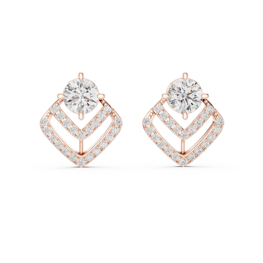 Round moissanite pave chevron stud earrings in rose 925 sterling silver, view 4
