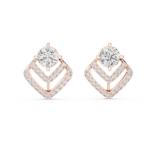Round moissanite pave chevron stud earrings in rose 925 sterling silver, view 4