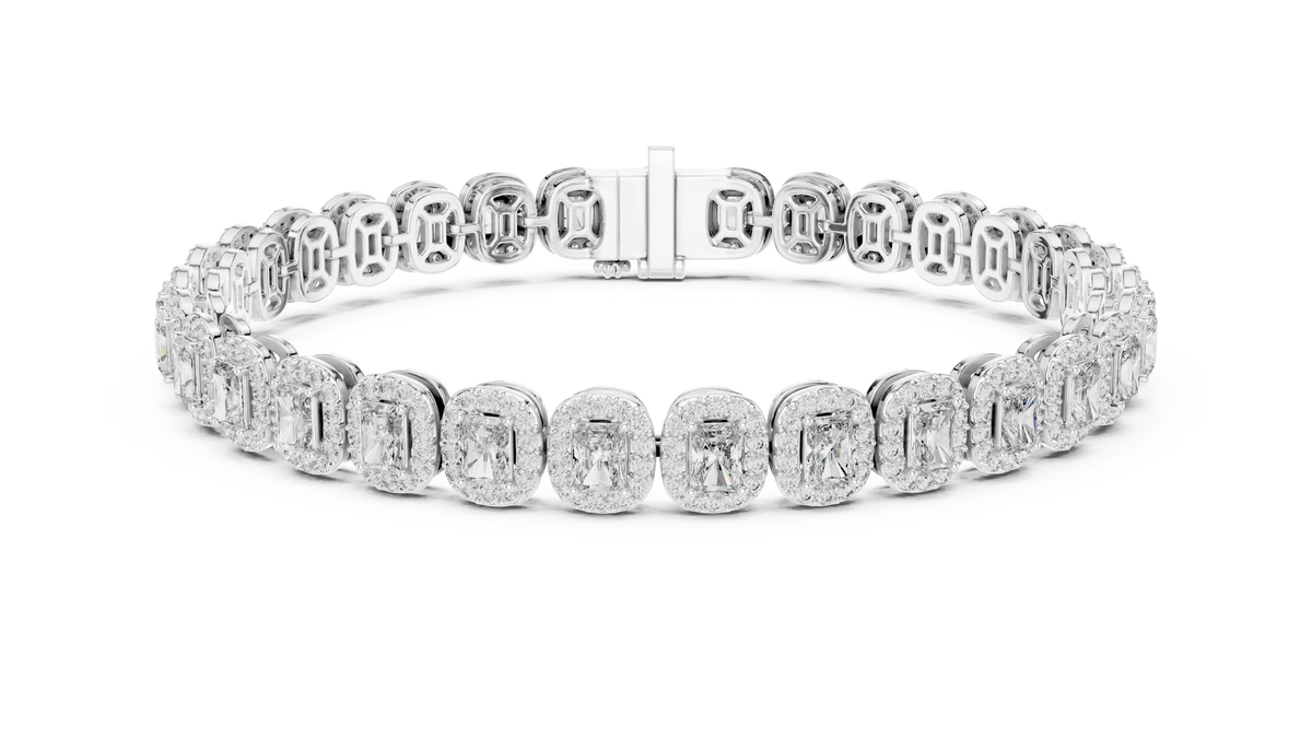 Radiant Cut Halo Moissanite Tennis Bracelet in white 925 sterling silver, view 1
