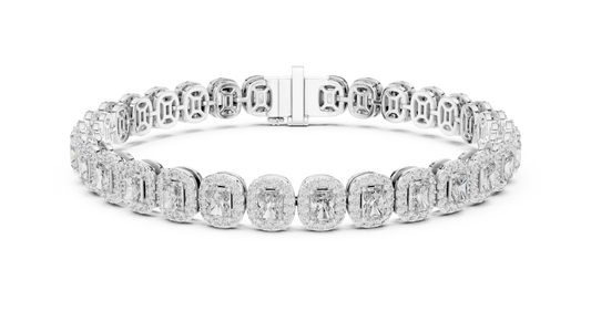Radiant Cut Halo Moissanite Tennis Bracelet in white 925 sterling silver, view 1