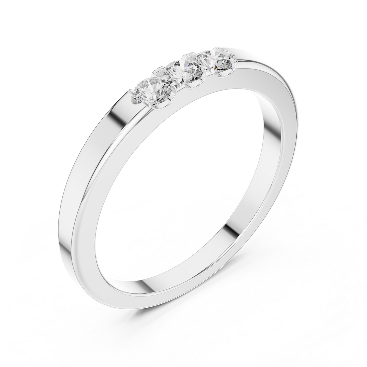 Three Stone Flat Moissanite Band in white 925 sterling silver, view 2