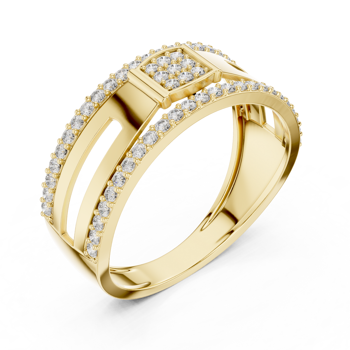 Square Cluster Double-Row Moissanite Band in yellow 925 sterling silver, view 2