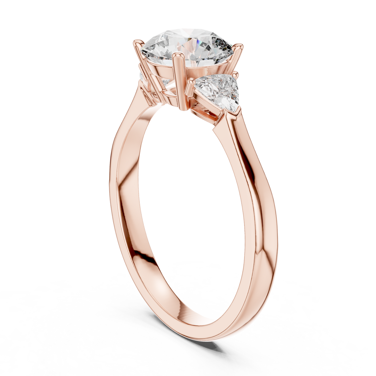 Round and Trillion Three Stone Moissanite Ring in rose 925 sterling silver, view 1