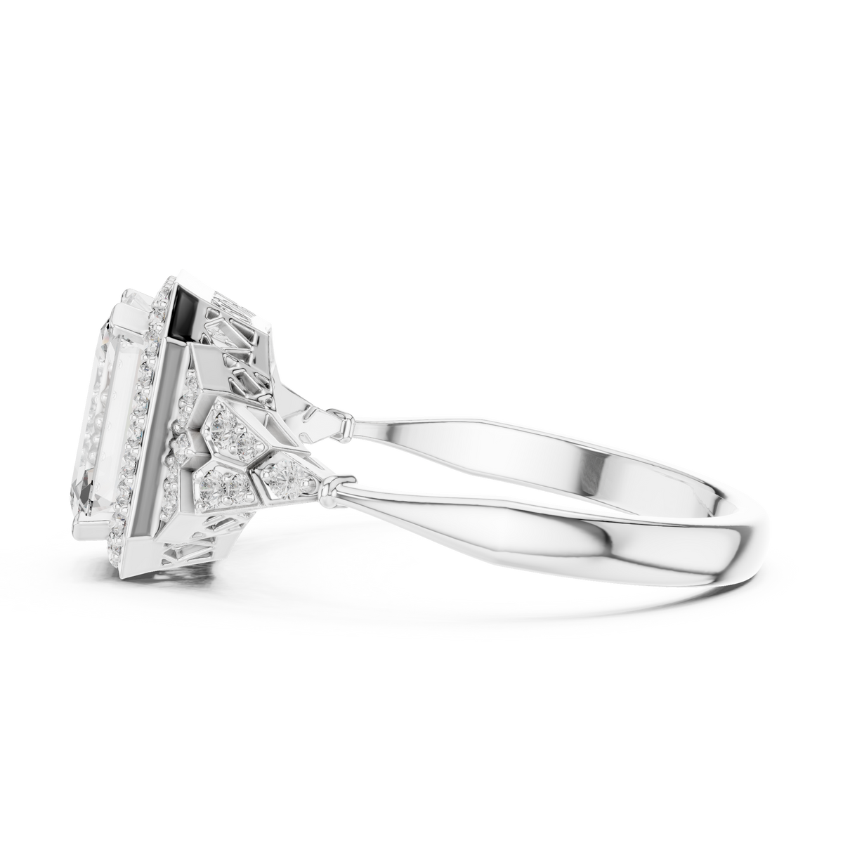 Emerald Cut Art Deco Halo Moissanite Ring in white 925 sterling silver, view 3