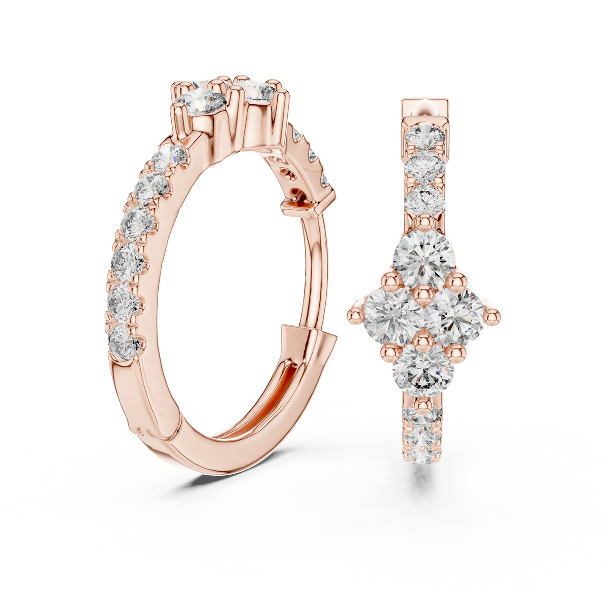 Moissanite cluster huggie hoop earrings in rose 925 sterling silver, view 1