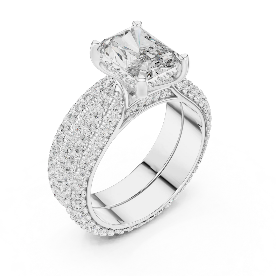 Radiant Cut Moissanite Ring with Wide Pavé Band in white 925 sterling silver, view 2