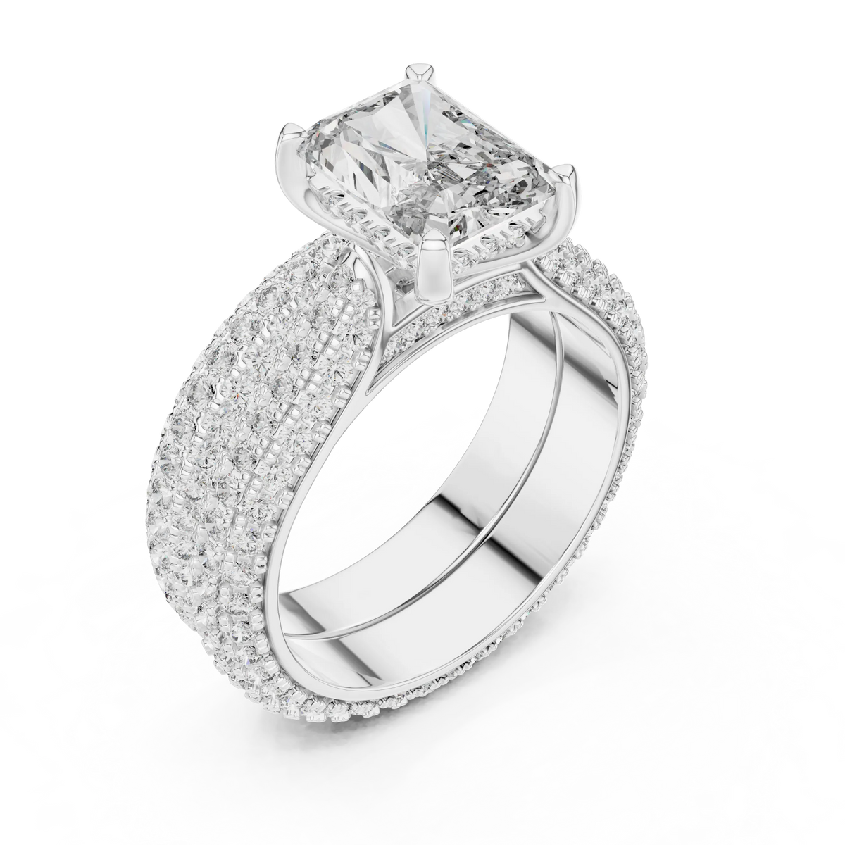 Radiant Cut Moissanite Ring with Wide Pavé Band in white 925 sterling silver, view 2