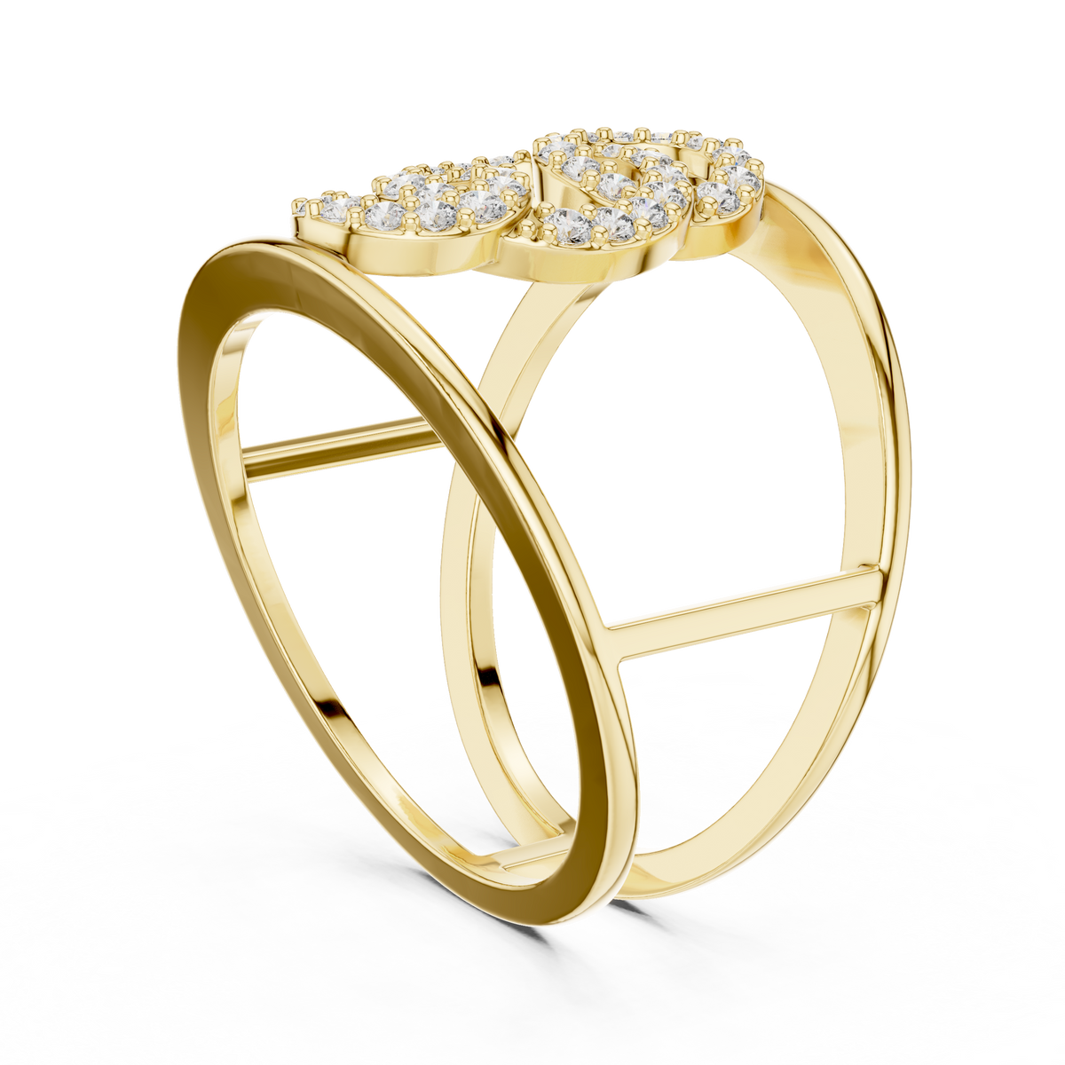Interlocking Circles Cage Moissanite Ring in yellow 925 sterling silver, view 1