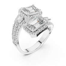 Emerald Cut Halo Toi et Moi Moissanite Bypass Ring in white 925 sterling silver, view 2