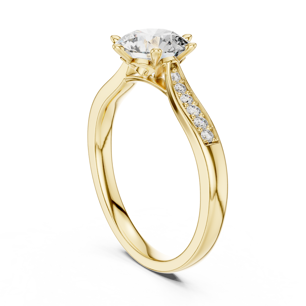 Round Six Prong Moissanite Ring with Pavé Shoulders in yellow 925 sterling silver, view 1