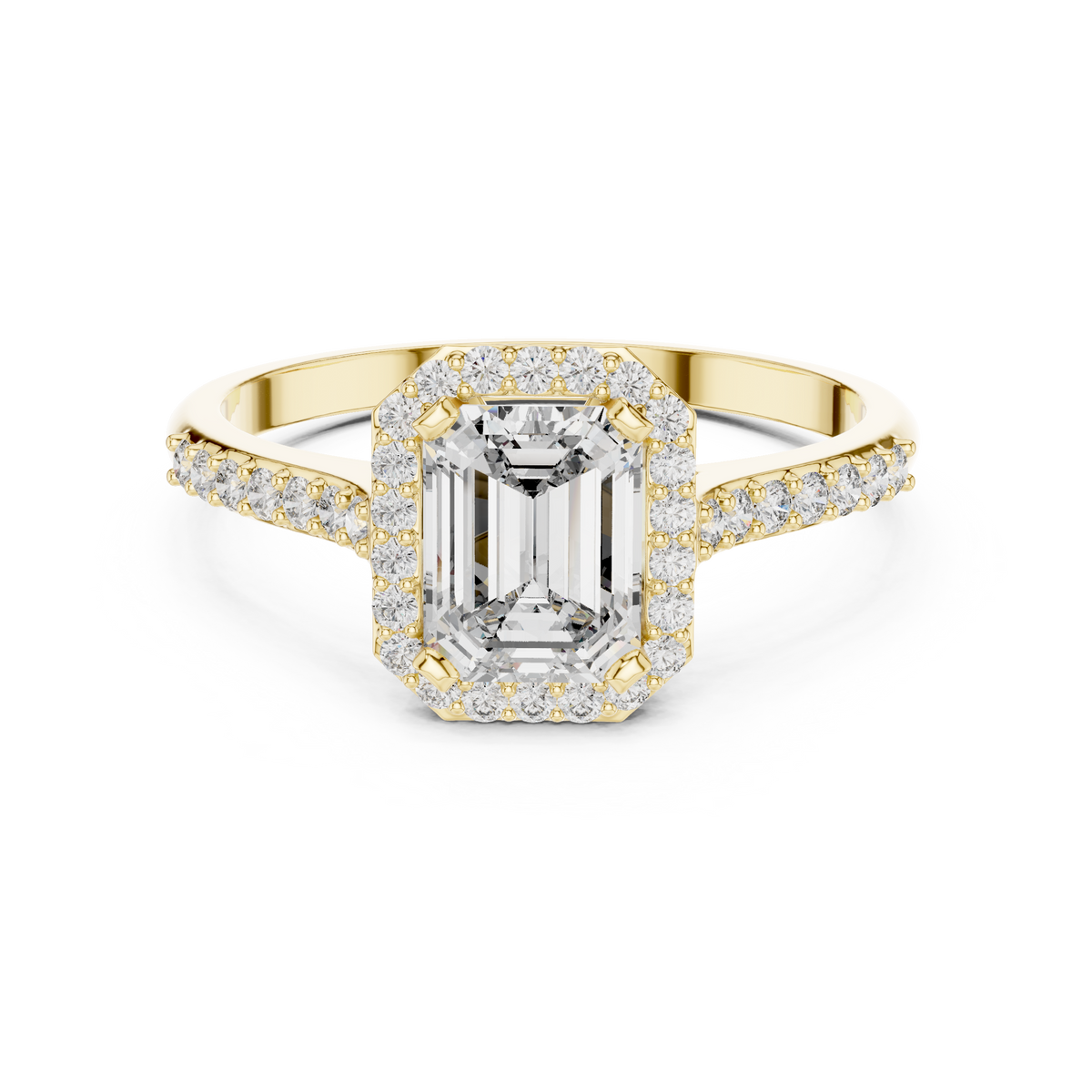 Emerald Cut Halo Moissanite Ring with Pavé Shoulders in yellow 925 sterling silver, view 4