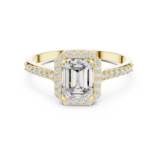 Emerald Cut Halo Moissanite Ring with Pavé Shoulders in yellow 925 sterling silver, view 4
