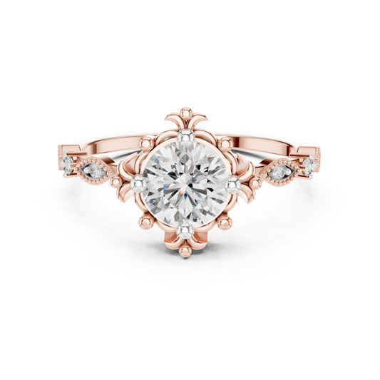 Vintage Solitaire Moissanite Ring with Fleur-de-Lis Accents in rose 925 sterling silver, view 4