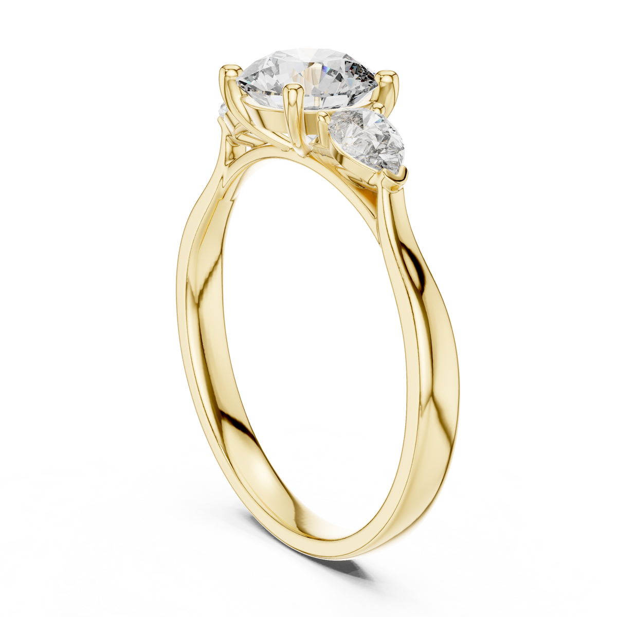 Round and Pear Three Stone Moissanite Ring in yellow 925 sterling silver, view 1