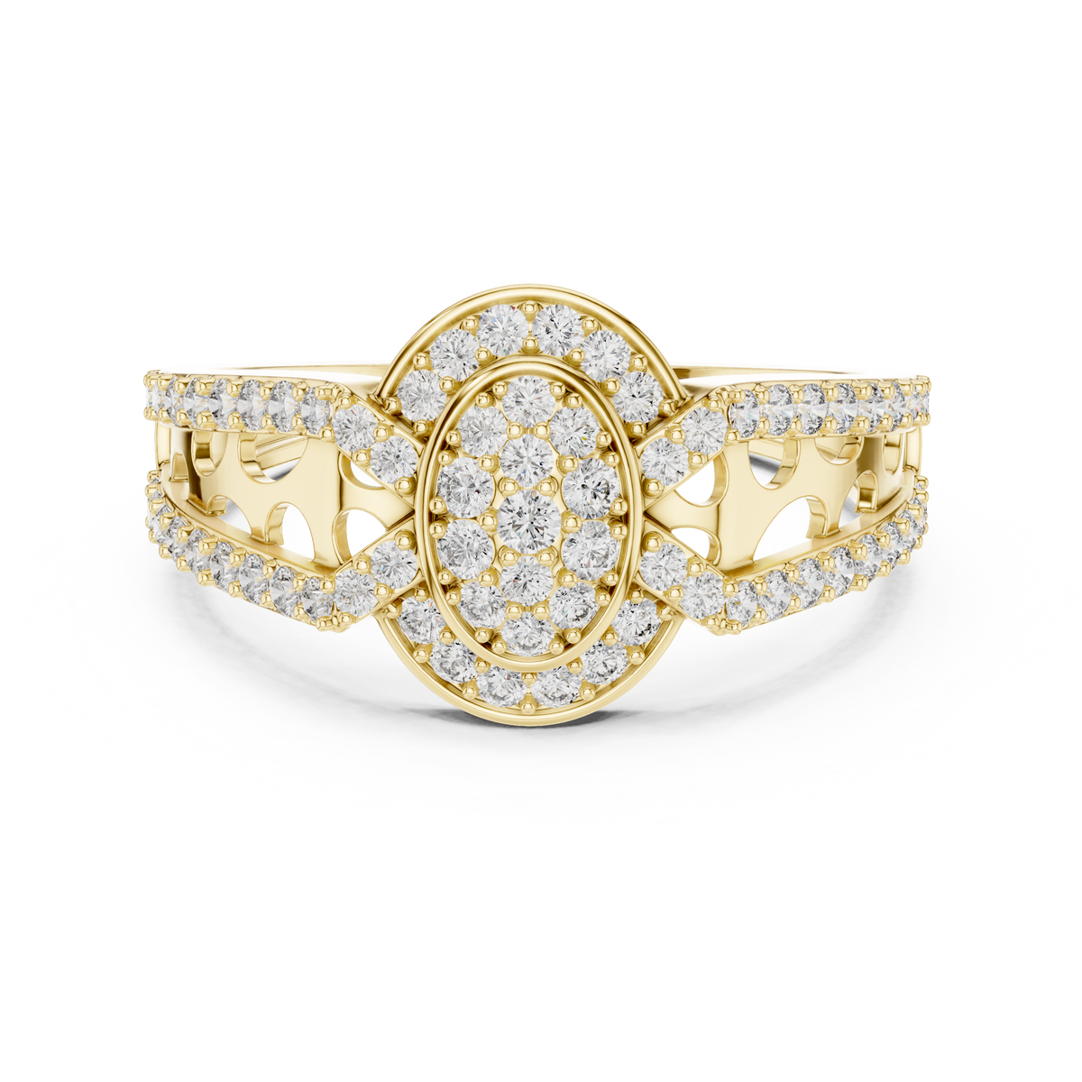 Oval Cluster Halo Moissanite Ring with Split Pavé Shank in yellow 925 sterling silver, view 4