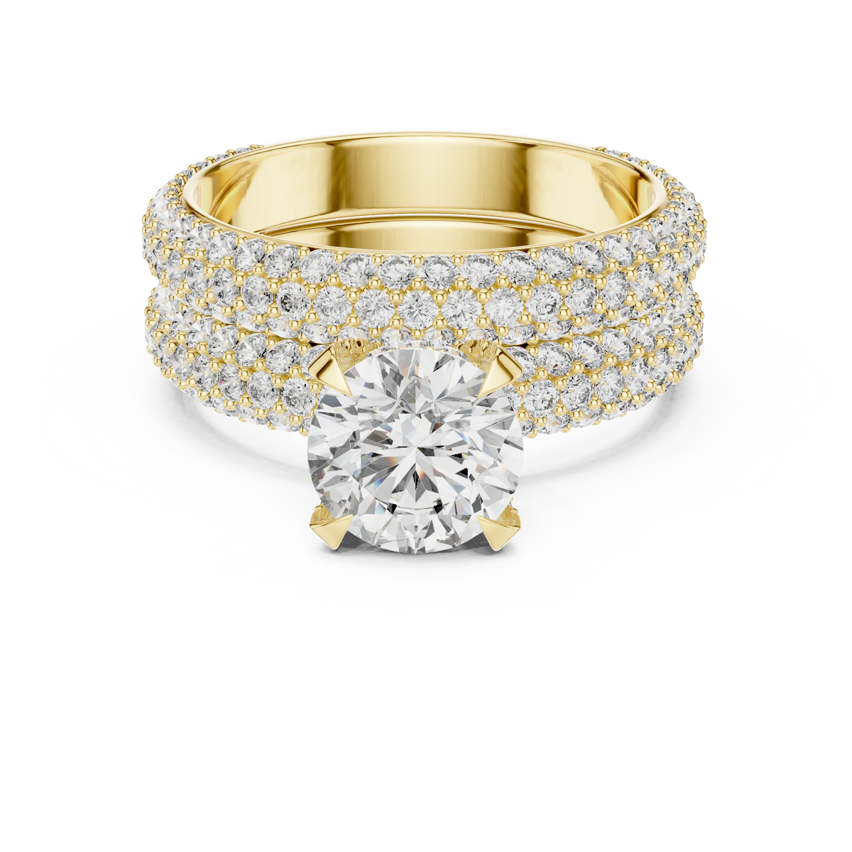 Round Solitaire Moissanite Ring with Wide Pavé Band in yellow 925 sterling silver, view 4